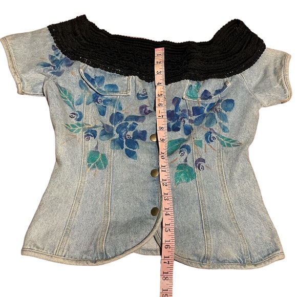 Vintage Denim Handmade Corset Style Repurposed Jeans Top Hand Painted in 80s - Picture 14 of 15